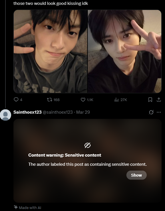 alltxtprotect's tweet photo. ‼️REPORT AND BLOCK ‼️

@/sainthoex123 
> https://t.co/zeuLGFL3pe

Making deepfake AI content about 🐻🐰in the replies of other's posts. Proof provided is blurred for the members' safety.

Please report and block their replies and profile under Private or Non-Consensual Content. https://t.co/QWdE2nPBE6