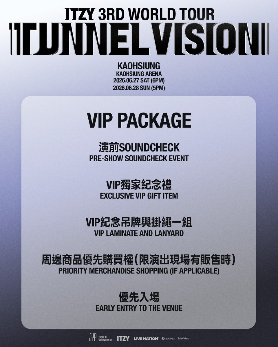 \\ 確定加場 //
#明天中午12點全面開賣
首登高雄巨蛋
一次連唱二場

2026.06.27 &amp; 28
高雄巨蛋 霸氣開唱

SHOW ADDED! Don’t forget to grab your tickets and get ready for ITZY 3RD WORLD TOUR <TUNNEL VISION> in KAOHSIUNG on 27 &amp; 28 Jun at Kaohsiung Arena.
 livenation.com.tw