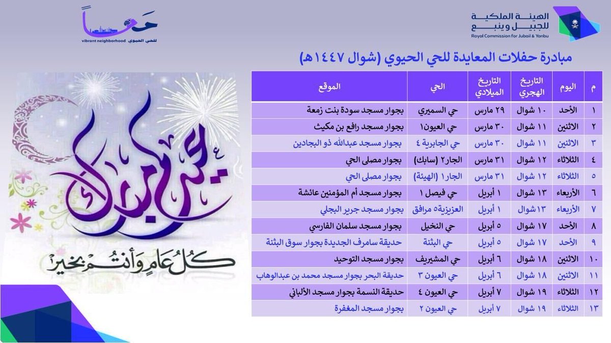 RCJY_Yanbu's tweet photo. فرحة عيد الفطر تستمر في #ينبع_الصناعية من خلال مبادرة حفلات المعايدة للحي الحيوي في الأحياء المشاركة بحسب المواعيد المحددة في المرفق.

#صناعة_وحياة https://t.co/MBAJVTDuFw