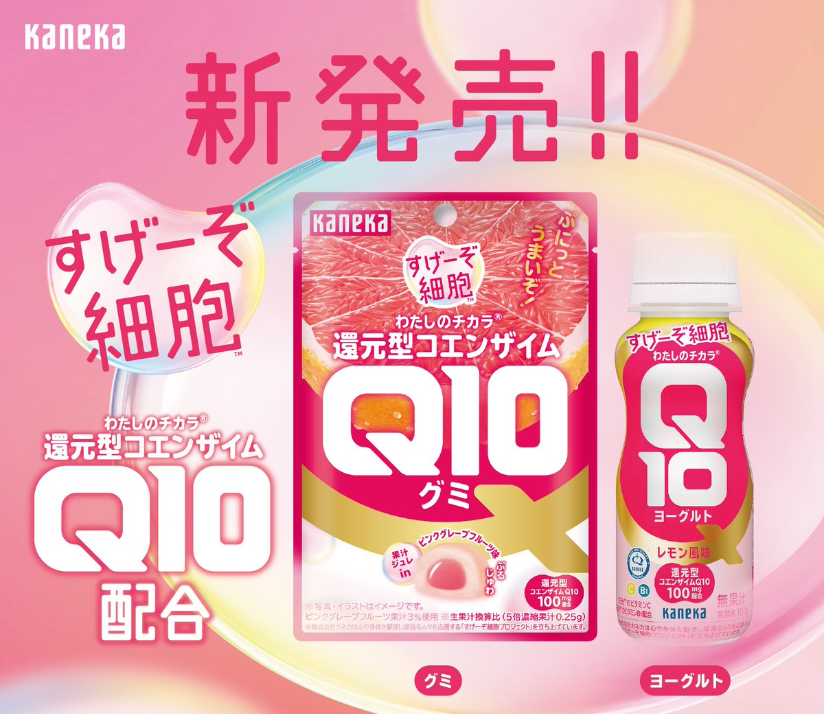 KANEKA_official's tweet photo. ／
お知らせ
＼
株式会社カネカは、グループ会社であるカネカ食品株式会社を通じて、「すげーぞ細胞™」プロジェクトの一環として『わたしのチカラ® Q10ヨーグルト レモン風味ドリンクタイプ』を3月30日（月）出荷分より、『わたしのチカラ® 還元型コエンザイムQ10グミ』を4月21日（火）より新発売します🎉

いずれも還元型コエンザイムQ10を100mg配合。毎日の生活に取り入れやすい2つのラインアップを開発しました💖

詳細はこちら：https://t.co/tvMPmTOktU
「すげーぞ細胞™」プロジェクト特設サイト：https://t.co/dAoAmGLmQM