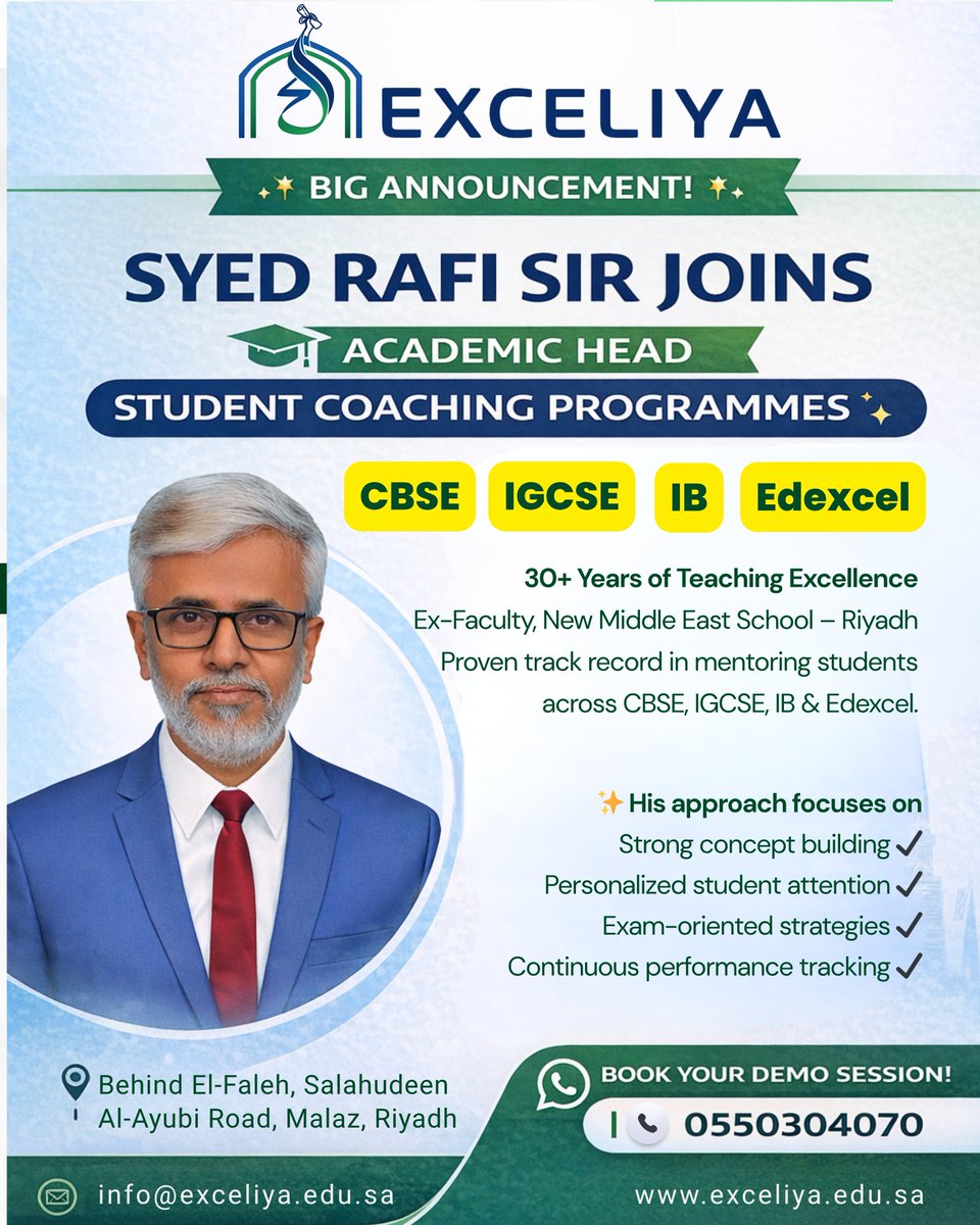 Exceliyasa's tweet photo. 🚀 NEW STUDENT COACHING FACULTY from Exceliya – Riyadh!

We are proud to welcome Syed Rafi Sir as the Academic Head – Student Coaching Programmes at Exceliya Training Institute. 🎓

#Exceliya #RiyadhEducation #AcademicHead #CBSE #IGCSE #IB #Edexcel #StudentSuccess #RiyadhStudents https://t.co/Pl2GZflAhd