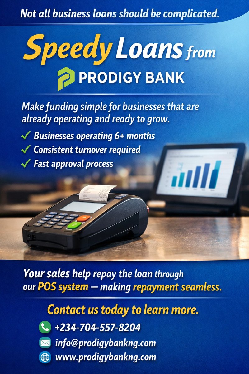Prodigybankng's tweet photo. 💼 Boost Your Business with Speedy Loans!
With our smart POS repayment system, your daily sales help you pay back your loan effortlessly no stress, no pressure.
📞 Contact us now to get started
#ProdigyBank #SpeedyLoans #SMELoans #NigeriaBusiness #EntrepreneurLife #POSFinance https://t.co/bMLpST19Rv