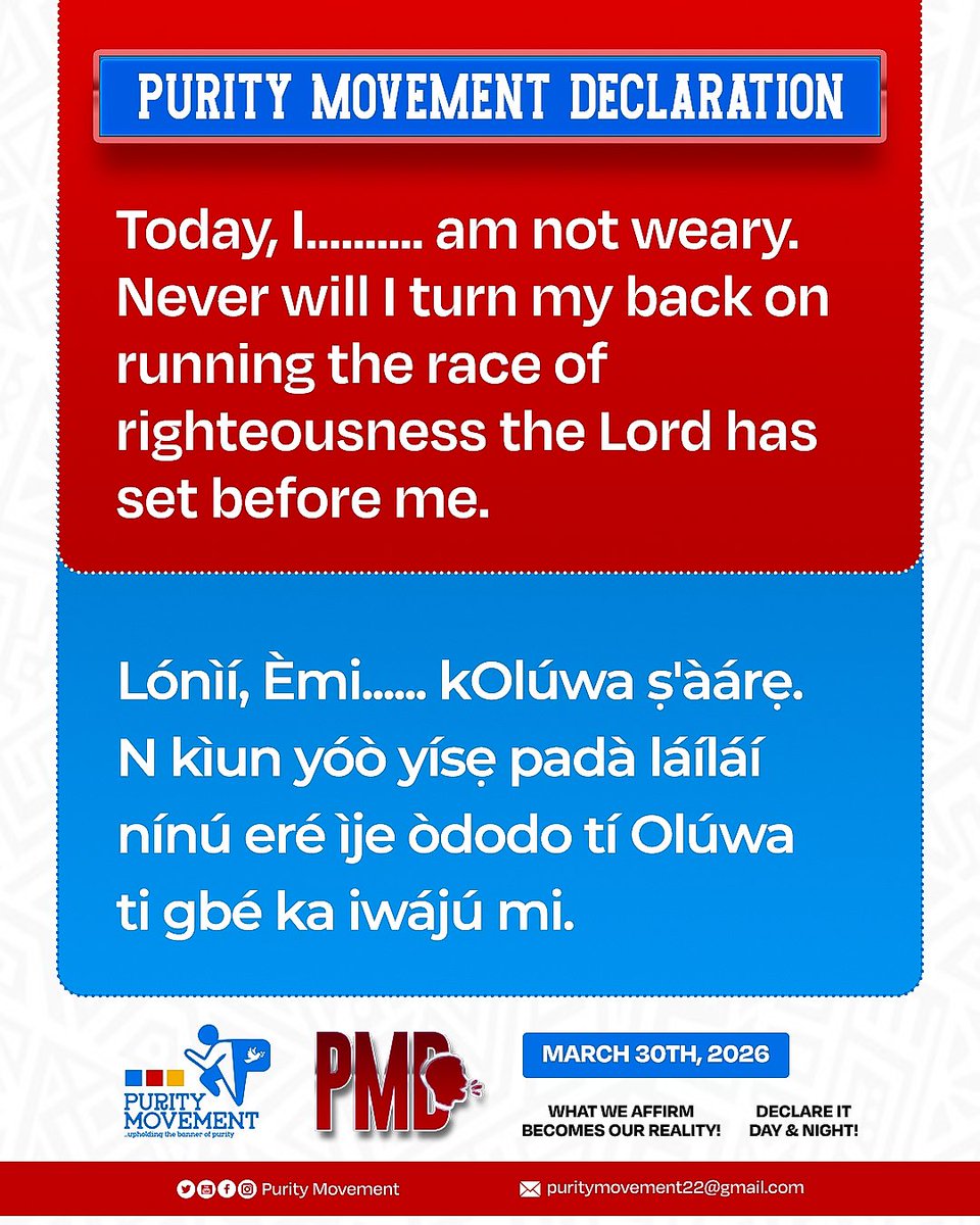 puritymovementt's tweet photo. Purity Movement Declaration (PMD)🗣️🗣️🗣️ | March 30, 2026.

#declaration
#affirmation
#PurityMovement
#Jesusbeglorified
#Lightbebroughttoallmen
#Thetreesofrighteousnessbeplanted
#spamedia https://t.co/yavKTFQQSj
