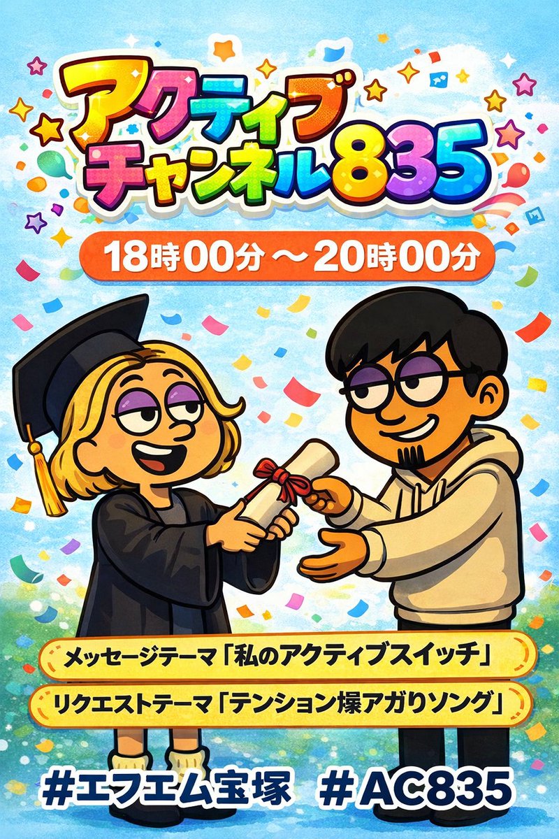 active835's tweet photo. 今朝は悪夢で目が覚めたシオタです。
そんな時は意外とぐっすり眠れているというなんともあべこべな感じ。

18時から今日のアクティブチャンネル835はメッセージテーマ「私のアクティブスイッチ」リクエストテーマ「テンション爆アガりソング」です♪
よろしくど～ぞ～☺︎
#エフエム宝塚 #AC835 https://t.co/R8HqvXHSND