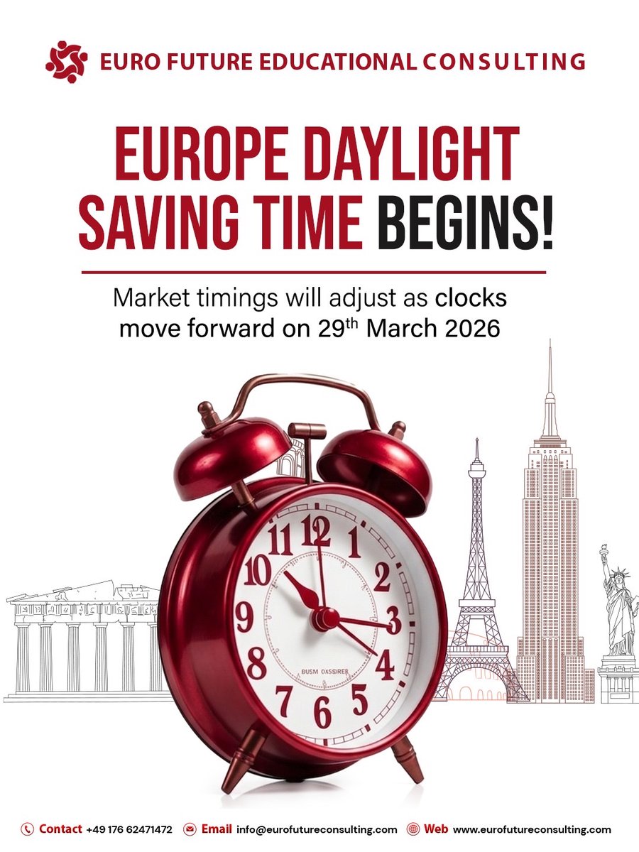 Eurofutureec's tweet photo. Europe Daylight Saving Time begins ⏰🇪🇺
Clocks move forward, so stay updated with new timings!
Stay ahead, stay informed with Euro Future Educational Consulting.
#DaylightSaving #EuropeTime #TimeChange https://t.co/4NHBW67eLC