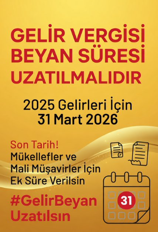 7b392c64aaaf4d6's tweet photo. 🚨SON DAKİKA  📷Gelir vergisi beyannamesi bildirimi son tarih 31 Mart 2026. Mali Müşavirler'e ek süre tanınmalıdır.  📷📷📷 📷#GelirBeyanUzatılsın #BeyanlarUzatılsın Paylaş 

@MuhasebeBT
@Serkan__Atasoy
@HMBakanligi
@memetsimsek
@gibsosyalmedya https://t.co/4gLjBaghEQ