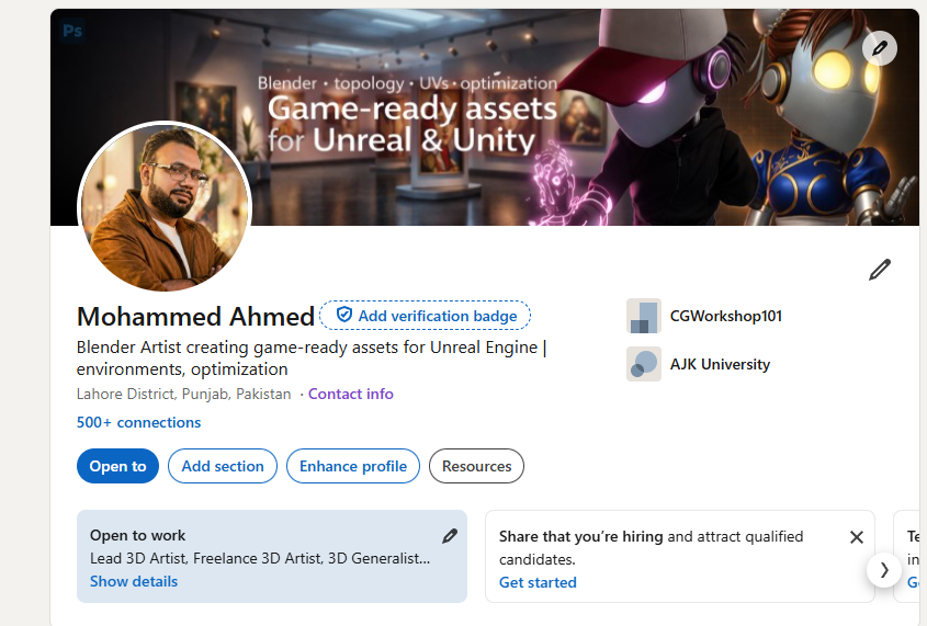 just updated my banner based on feedback

trying to represent my workflow better, blender to unreal, game-ready assets, topology and UVs
any feedback on composition or clarity would be really helpful

linkedin.com/in/mohammed-ah…
#3dart
#gamedev
#indiedev
#3dmodeling
#unreal
#b3d