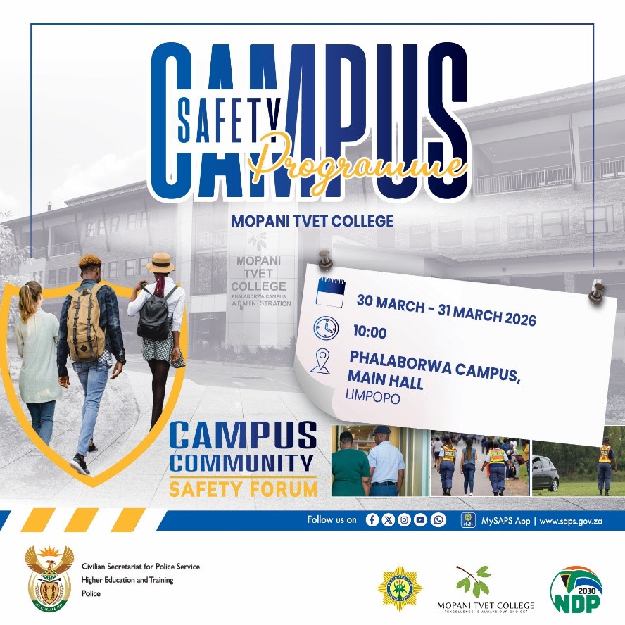 SAPoliceService's tweet image. #sapsHQ [HAPPENING TODAY] #CampusSafety ~ Creating Safe Spaces for Learning and Growth. From Monday 30 until Tuesday, 31 March 2026, the #SAPS will partner with Mopani TVET College in Phalaborwa to establish a Campus Safety Programme. 

Through this initiative, we move beyond