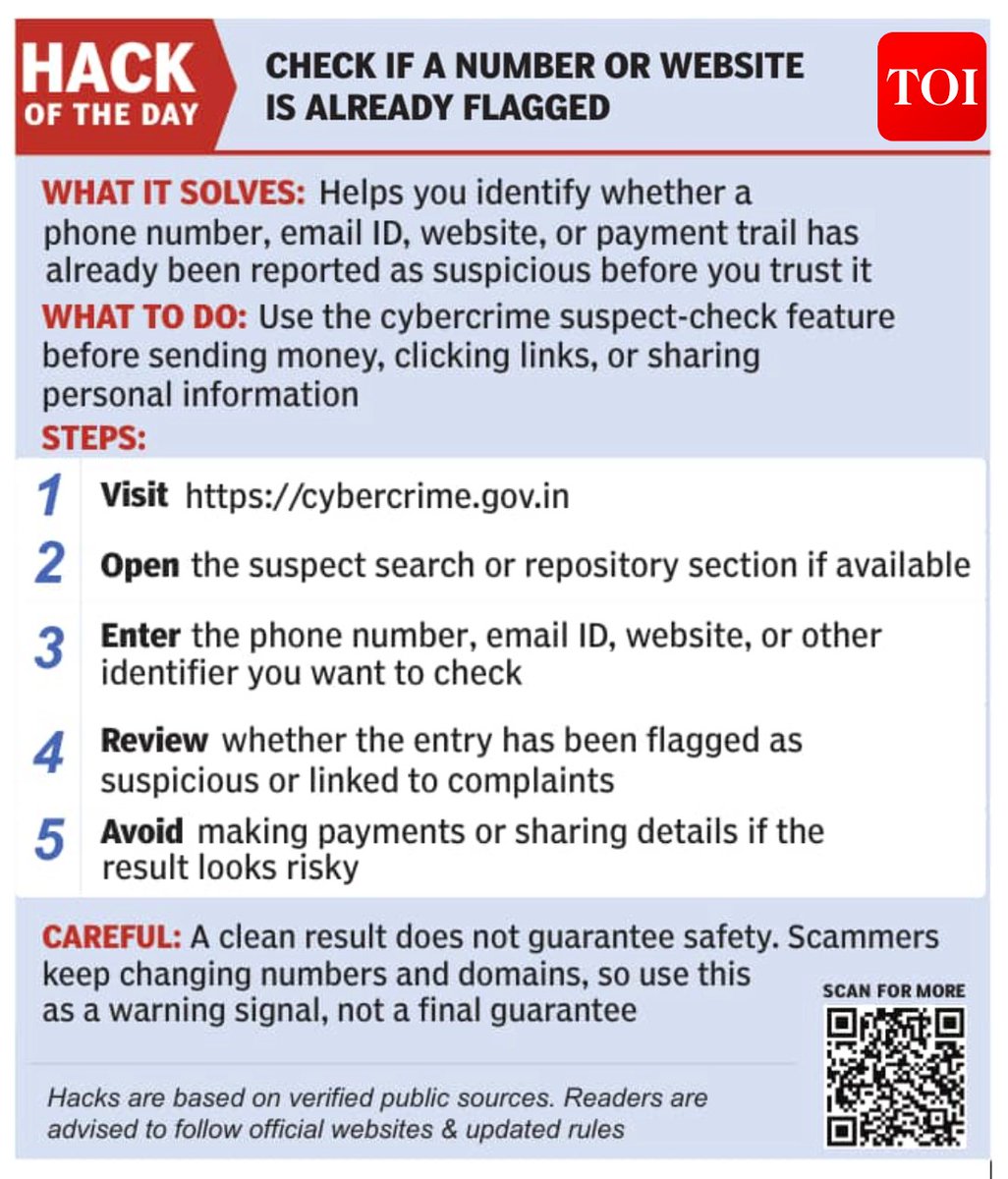timesofindia's tweet image. 💡 Hack of the Day 💡

Check if a number or website is already flagged🔗toi.in/zbeSna

The #TimesofIndia brings you '#HackoftheDay' — a new weekday series of quick, practical solutions to everyday hassles. Each hack is designed to save you time, money, or stress, using