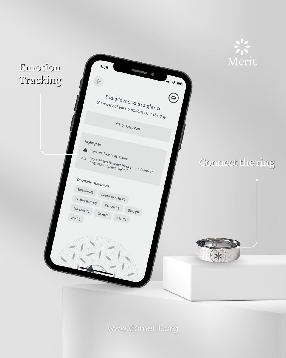 MeritRing's tweet photo. True awareness is a conversation between your body and your mind. 💍📲

The Merit Ring is more than an anchor; it is a high-precision sensor that translates your physical frequencies into emotional insight. ✨When you connect the Ring to our app, your heartbeat and biological rhythms are transformed into a living summary of your day. Showing you exactly when you found Zen and when you drifted from your Calm.💗

Witness your journey from a single glance. By observing how your physical state influences your emotional landscape, you gain the power to steer back to your Midline, turning data into the art of living well.

Ready to sync your soul with your data?💌Visit https://t.co/BSL8foX1eJ to explore the Ring and download the Do Merit App to activate your tracking suite. 🕊️✨

#MeritRing #DoMerit #EmotionTracking #DigitalSanctuary #MindfulTech