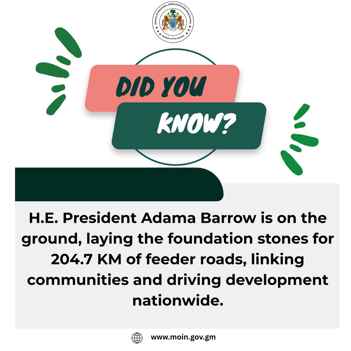 Info_Ministry_'s tweet image. Roads that connect, communities that thrive! H.E. President Adama Barrow is marking the start of 204.7 KM of feeder roads across The Gambia. #GambiaForward #CommunityGrowth