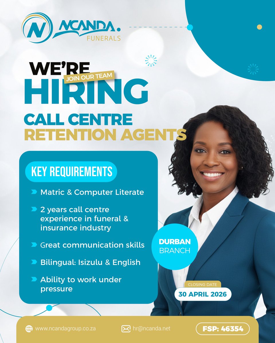 Ncanda Funerals is growing 🌱

We’re expanding our team and looking for passionate, driven individuals to join our Call Centre as Retention Agents at our Durban branch.
Apply today and be part of a team that makes a difference every day. 
#Ncandafunerals #jobvacancy