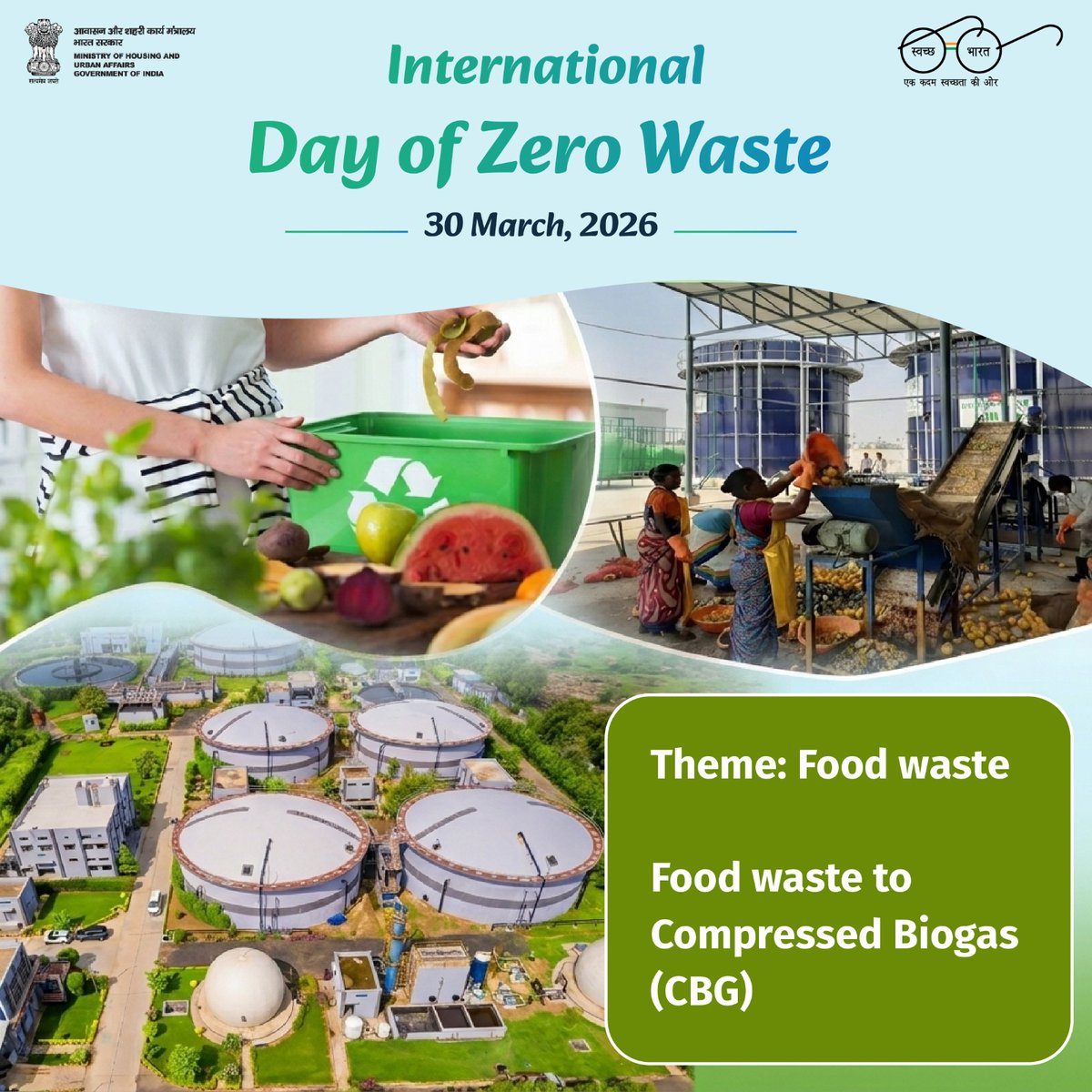 SwachhBharatGov's tweet image. On International Day of Zero Waste, let’s turn food waste into opportunity! Under Swachh Bharat Mission Urban 2.0, sustainable sanitation means converting food waste to compost or CBG—clean energy. #ZeroWasteDay #SwachhBharat #RRR