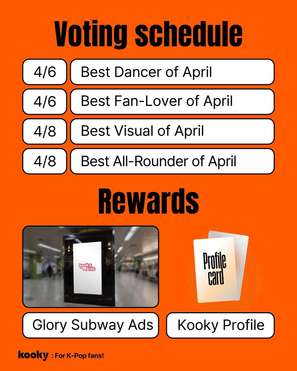 kooky__official's tweet photo. ✨Position Voting : April Heatwave Begins! 🎉
🔗 https://t.co/UfFJQor3P5

The Position Ranking is back for April!
Winners will receive a Kooky Profile and a Hapjeong Station subway ad 🎉

#BestDancer_Apr 
#BestFanLover_Apr 
#BestVisual_Apr 
#BestAllRounder_Apr 

📅 We’re revealing the schedule in advance —
Get ready and don’t miss your chance to vote! 🗳️

You can now recommend artists for each theme in the magazine comments. 👀

Check the magazine for full details 📎
#KookyProfile #Kookyads