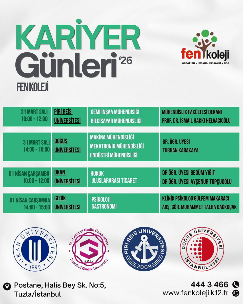 Fen Koleji Anadolu Lisesi Kariyer Günleri 🔖 🎯 
Her yıl gelenekselleşen Fen Koleji Anadolu Lisesi Kariyer Günleri, bu yıl da büyük bir coşku ile gençlerimize yol göstermeye ve meslekler hakkında ilham vermeye devam ediyor.