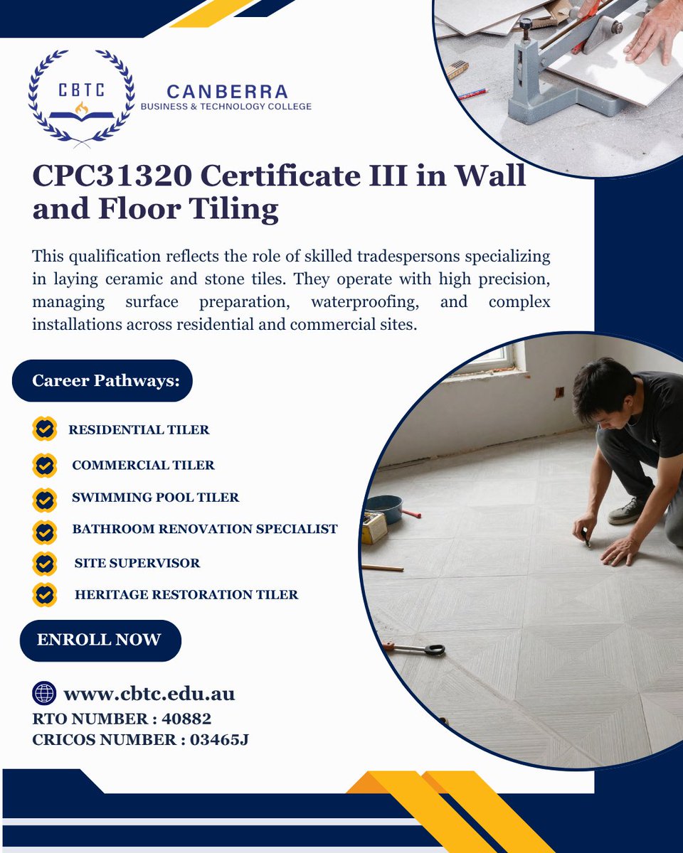 CBTCAustralia's tweet photo. Start your trade career! Study the CPC31320 Certificate III in Wall and Floor Tiling at CBTC. Master surface preparation, tiling techniques, and finishing for residential and commercial projects. Enroll today!

RTO 40882 | CRICOS 03465J
#Tiling #CBTCCourses https://t.co/lZ9I0FpfQa