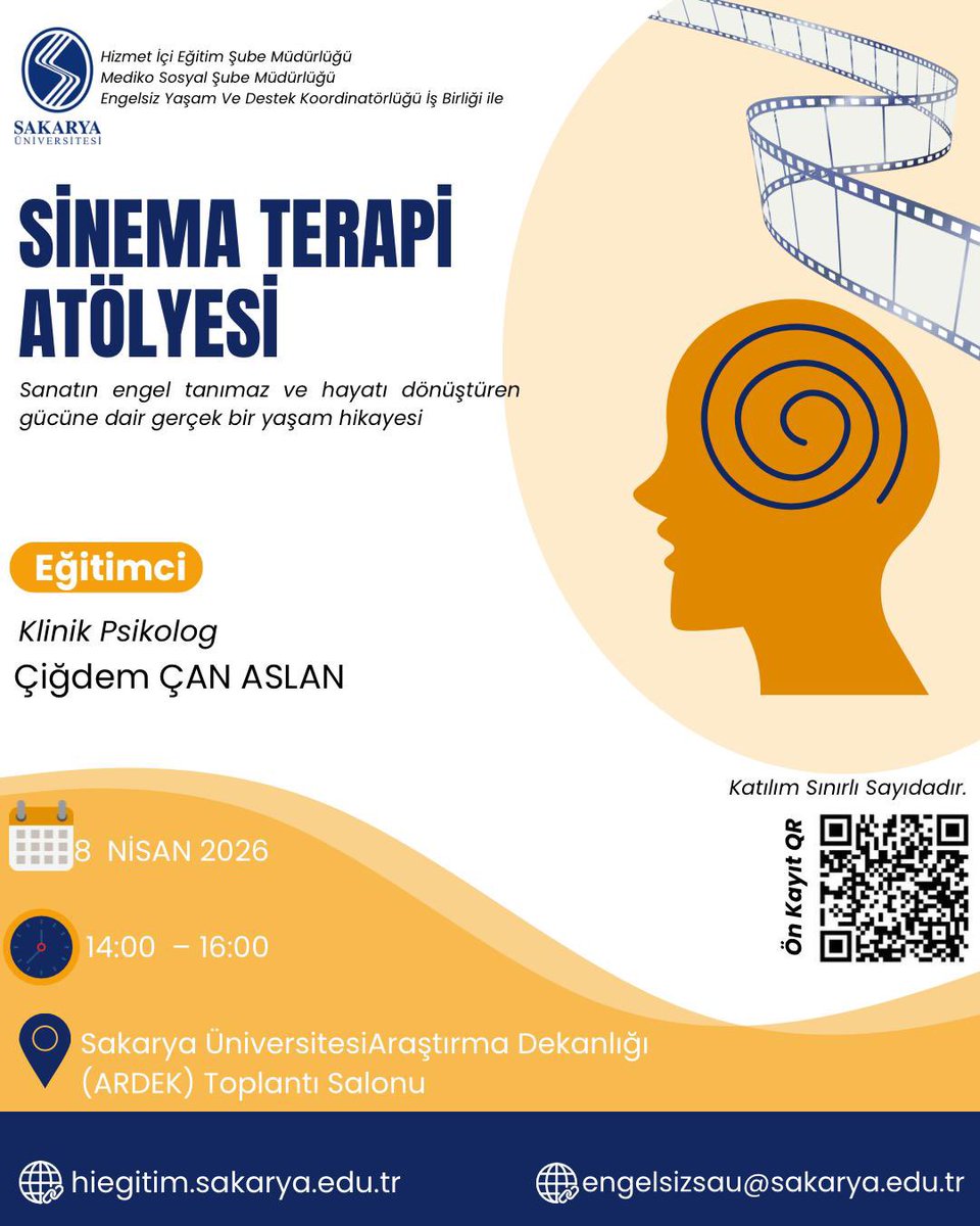 EngelsizSAU's tweet photo. Sinema terapi, psikolojik farkındalığı artırmayı ve bireyin kendini/başkalarını daha iyi tanımasını destekleyen bir yöntemdir.

📅 8 Nisan’da “Engellilik” temalı tek oturumluk atölyemizde, film önceden katılımcılara mail ile gönderilecektir.

🔗 Başvuru: https://t.co/otdkFeuYSD https://t.co/eYbRRHPeY5