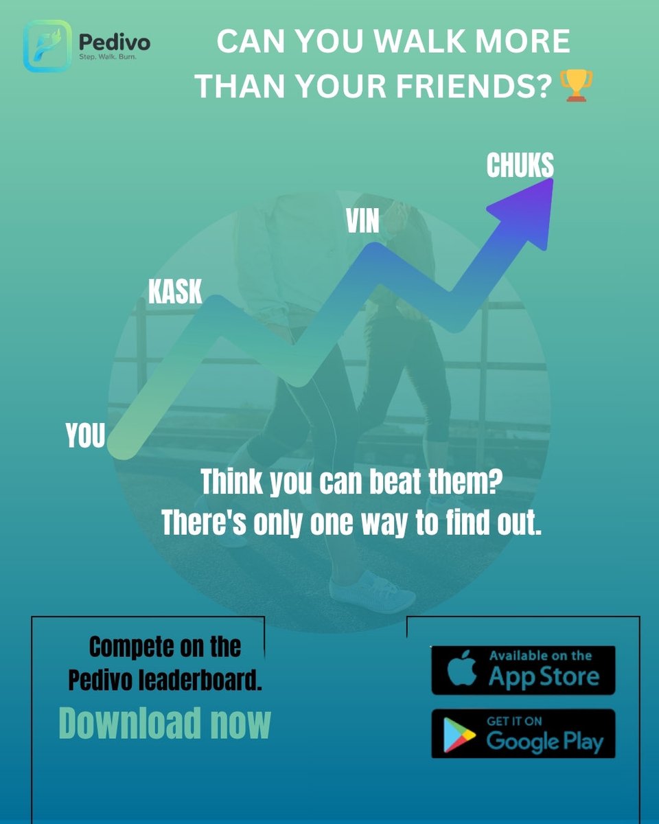 PedivoApp's tweet photo. Tag 3 friends who think they can out-walk you 👇
Let's see who's really putting in the steps.
Check the Pedivo leaderboard. Prove who walks more. Winner gets bragging rights 🏆
Download Pedivo. Let the competition begin 👟
#Pedivo #FitnessChallenge #TagYourFriends https://t.co/mPxe6Z9fO0