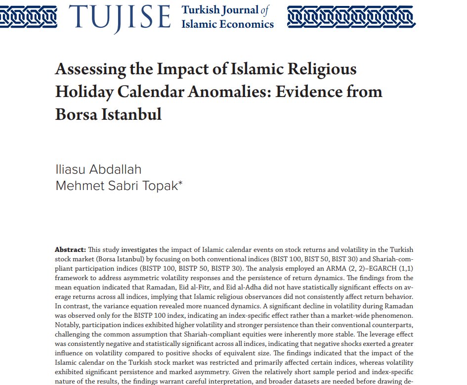tujise's tweet photo. 🖊️The article entitled "Assessing the Impact of Islamic Religious Holiday Calendar Anomalies: Evidence from Borsa Istanbul" by Iliasu Abdallah and Mehmet Sabri Topak published in TUJISE, 13/1.    

Read the full article: https://t.co/bbUgDgfg4K https://t.co/Uski5eu43P