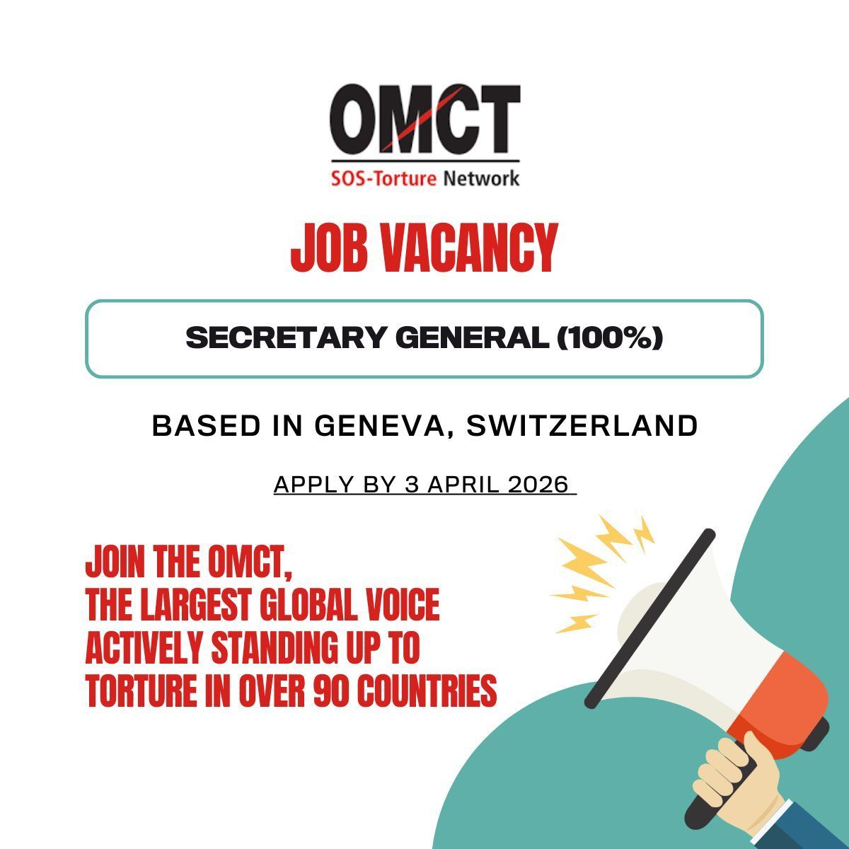 📣 Reminder 

OMCT is still accepting applications for the position of its Secretary General. 

If you are passionate about advancing our vision of a collective, network-based human rights movement, we warmly invite you to participate in our recruitment process.

🔗 You can