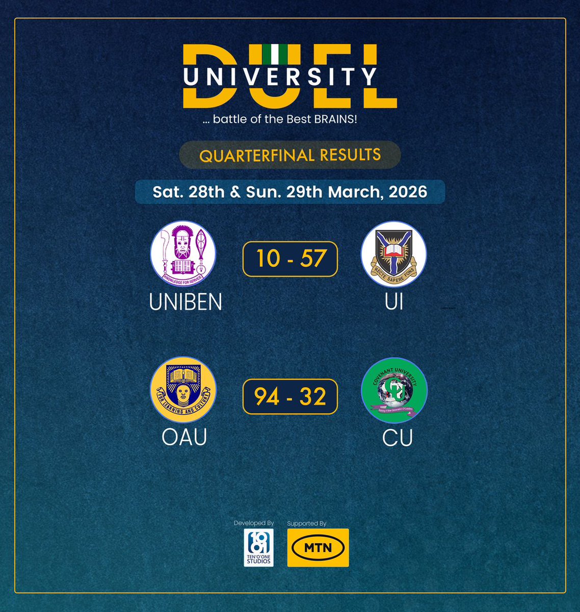 The Quarter-final SZN is over.

Here is what the last two matches looked like:

Sat: UI 57 - UNIBEN 10 

Sun: OAU 94 - CU 32 
Missed the matches, catch them on YouTube @thestemafrica

#Universityduel2026 #Funke #Palmsunday #Amen #Happynewweek