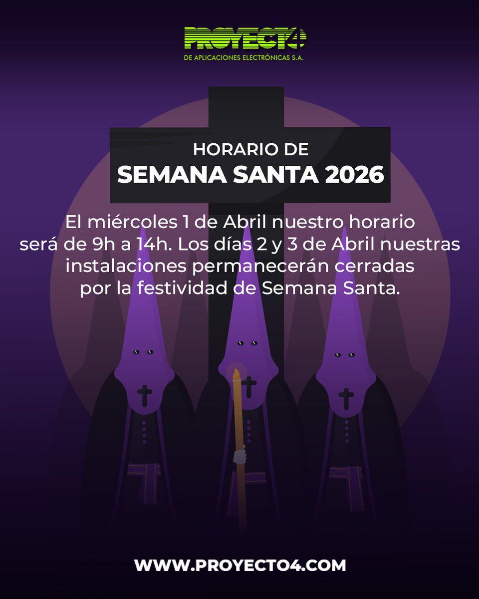 🔴Nuestro horario de #SemanaSanta2026 Miércoles 1 de Abril de 09 a 14 h Jueves y Viernes cerrado #descanso #relax 
Desearos una feliz Semana Santa y si es con la radio mejor.
Puedes seguir relizando tus pedidos 🛒🛒👇
proyecto4.com