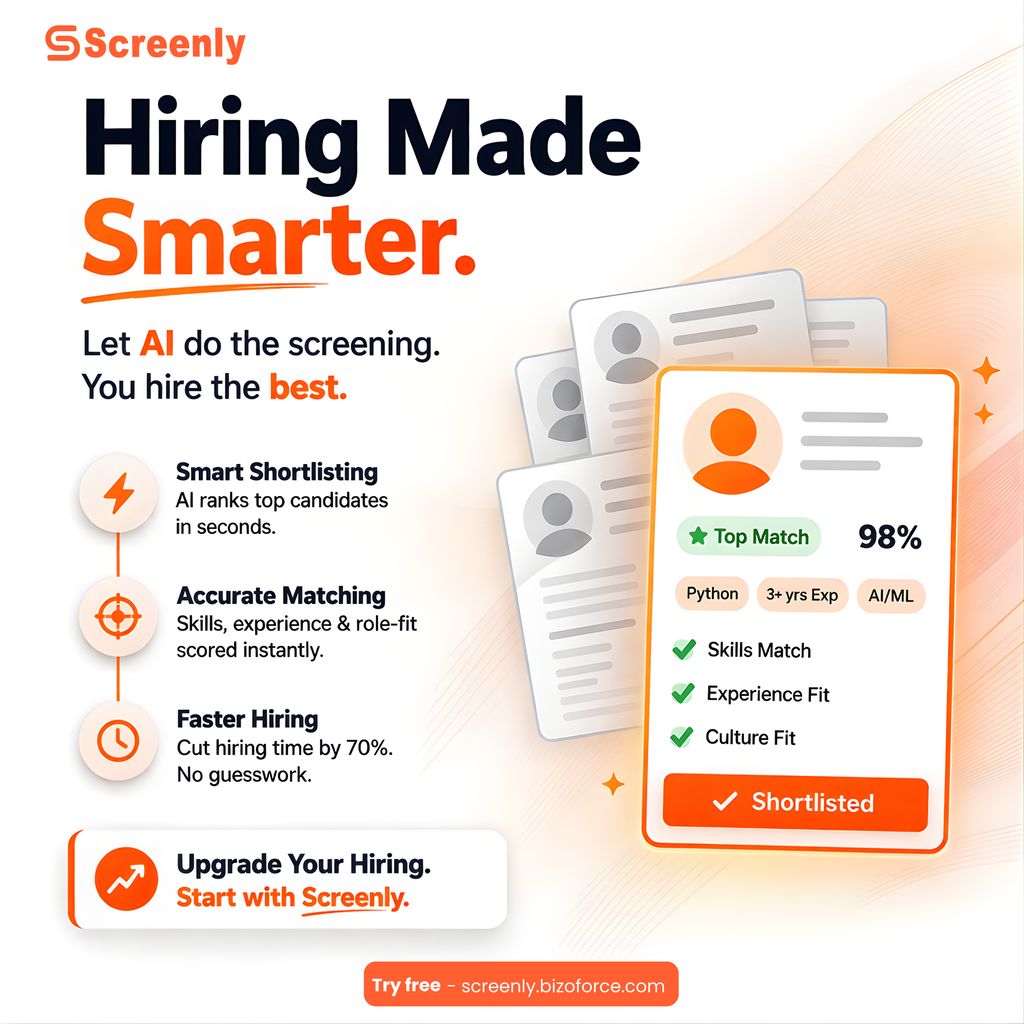 Bizoforceinc's tweet image. Hiring made smarter with AI 🚀
Let Screenly screen candidates while you hire the best—faster, accurate &amp;amp; hassle-free.

Start now 👉 screenly.bizoforce.com

#Screenly #AIHiring #SmartHiring #RecruitmentTech #HireSmarter #HRTech #Automation #TalentAcquisition