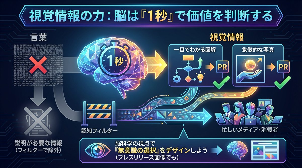Frontier_C's tweet photo. 【脳は1秒で価値を判断】
言葉より「視覚」に強く反応するため、PRには一目でわかる図解や写真が不可欠。説明が必要な情報はメディアの脳に届く前に弾かれます。脳科学的に「無意識で選ばれる」設計を画像1枚から徹底しましょう。具体的な戦略相談はプロフから✨ #広報 #脳科学 https://t.co/T7Q8FFSzJG