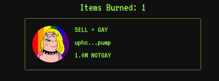 notgaymeme's tweet photo. daily burning continues (until we reach 1m)     

just bought and burnt 1,000,000 $notgay (0.1%)
https://t.co/MxuwwMo5t2

consistency is the key https://t.co/NqO44kb1yz