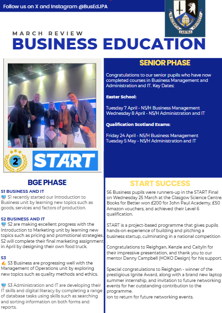 BusEdJPA's tweet photo. 🆕March review from the Business Education department @johnpaulacademy.

Pupils are now preparing for final exams as we finished  N5/H courses and final assignments in March. We also celebrated the success of our S6 START pupils 💫 https://t.co/JZubJbvaWW