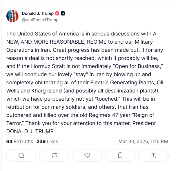 #BREAKING Trump warns that if Iran doesn't make a deal soon and open the Strait of Hormuz, the U.S. will target electric plants and oil wells and Kharg Island https://t.co/f74dZbLjk7
