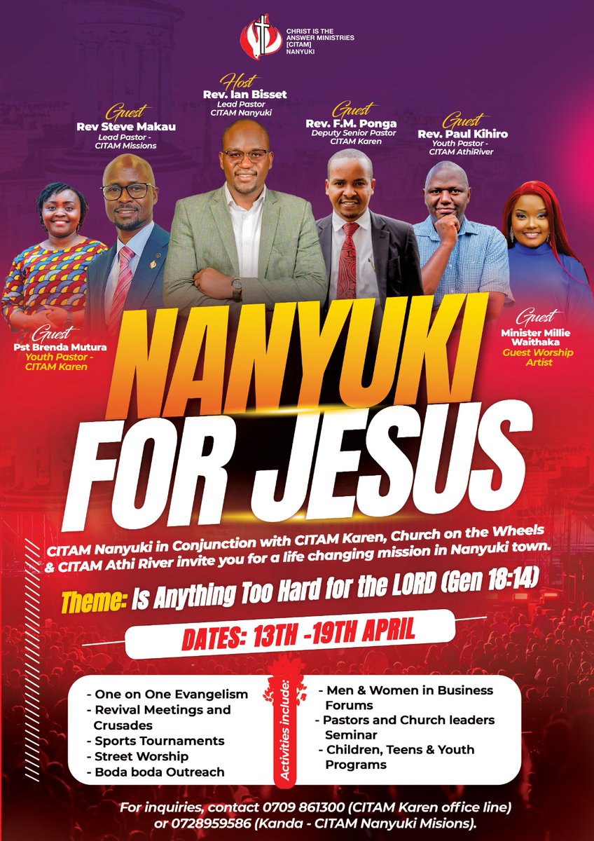 CITAM_Karen's tweet photo. NANYUKI FOR JESUS!!!

In the month of April, CITAM Karen is partnering with CITAM Nanyuki, CITAM Athi River and CITAM Missions Office to take the Gospel to Nanyuki town from 13th-19th April.

#NanyukiForJesus
#MyCITAMKaren
#WhereChristIsTheAnswer https://t.co/xxorcUTs2y