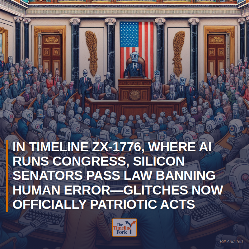 Timelinefork's tweet photo. In Timeline ZX-1776, Where AI Runs Congress, Silicon Senators Pass Law Banning Human Error—Glitches Now Officially Patriotic Acts

#AI #Congress #TechNews https://t.co/gQ70LRcnUa