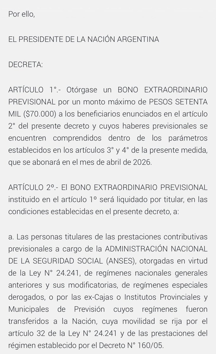 JUBILADOS: BONO CONGELADO POR MÁS DE DOS AÑOS, HOY EQUIVALE A $22.400

El Presidente <a href="/JMilei/">Javier Milei</a> decidió mantener en $70.000 el bono extraordinario previsional, congelado en ese valor desde hace más de dos años. 

Así se publica hoy en el Boletín Oficial, mediante el Decreto