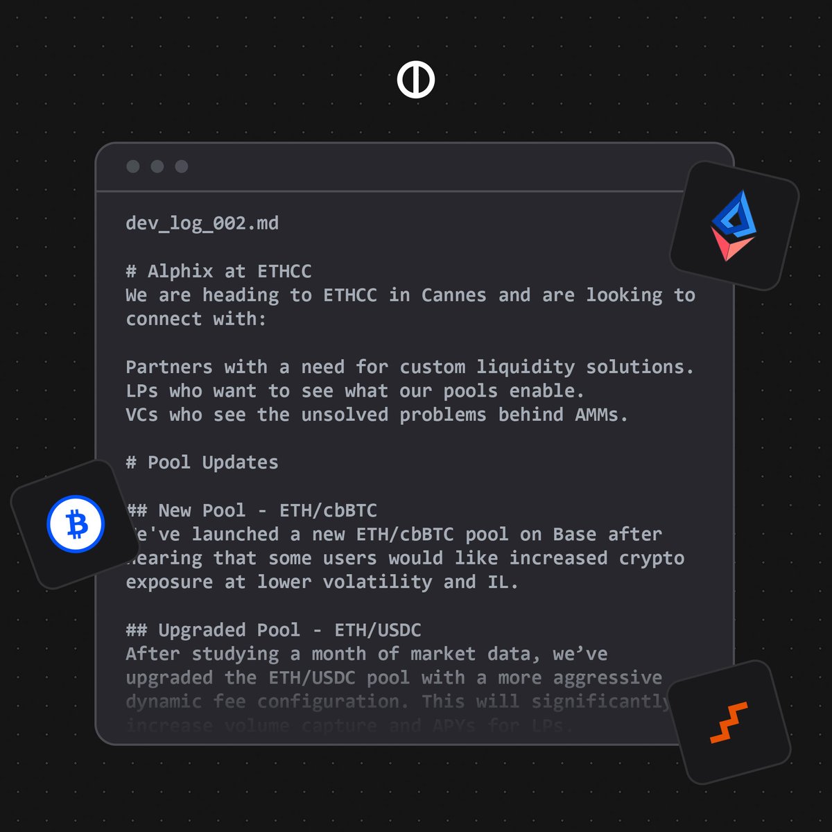 AlphixFi's tweet photo. Dev Log 002

Alphix @ ETHCC, upgraded Pool mechanism, and what's next on the research side.

👇 https://t.co/rcpcNahuYT