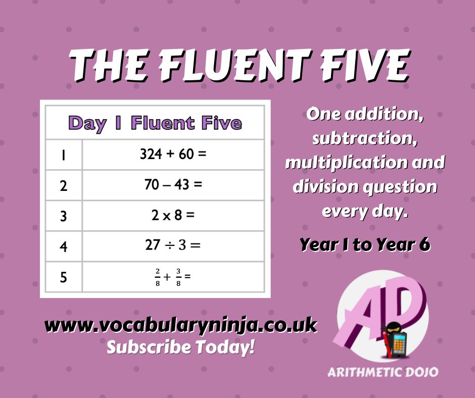 VocabularyNinja's tweet image. 😈 The Fluent Five - It's Unreal 👿

Super simple! Super effective! The Fluent Five focus on the core 4 operations of add, sub, div and multiply, every day!

Five questions! Every day! Y1 to Y6!  #FluentFive 🥷💻

Check it out - vocabularyninja.co.uk/fluent-five/

#maths #primaryschool