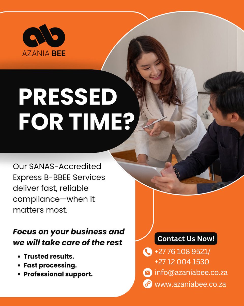 SeriteCA's tweet photo. Our SANAS-accredited express B-BBEE verification service helps you stay compliant with fast, accurate, and trusted support—so you can focus on running your business while we take care of the rest.

#BBBEEVerification #TenderCompliance #AzaniaBEE #BusinessCompliance https://t.co/qOhFoDXy38