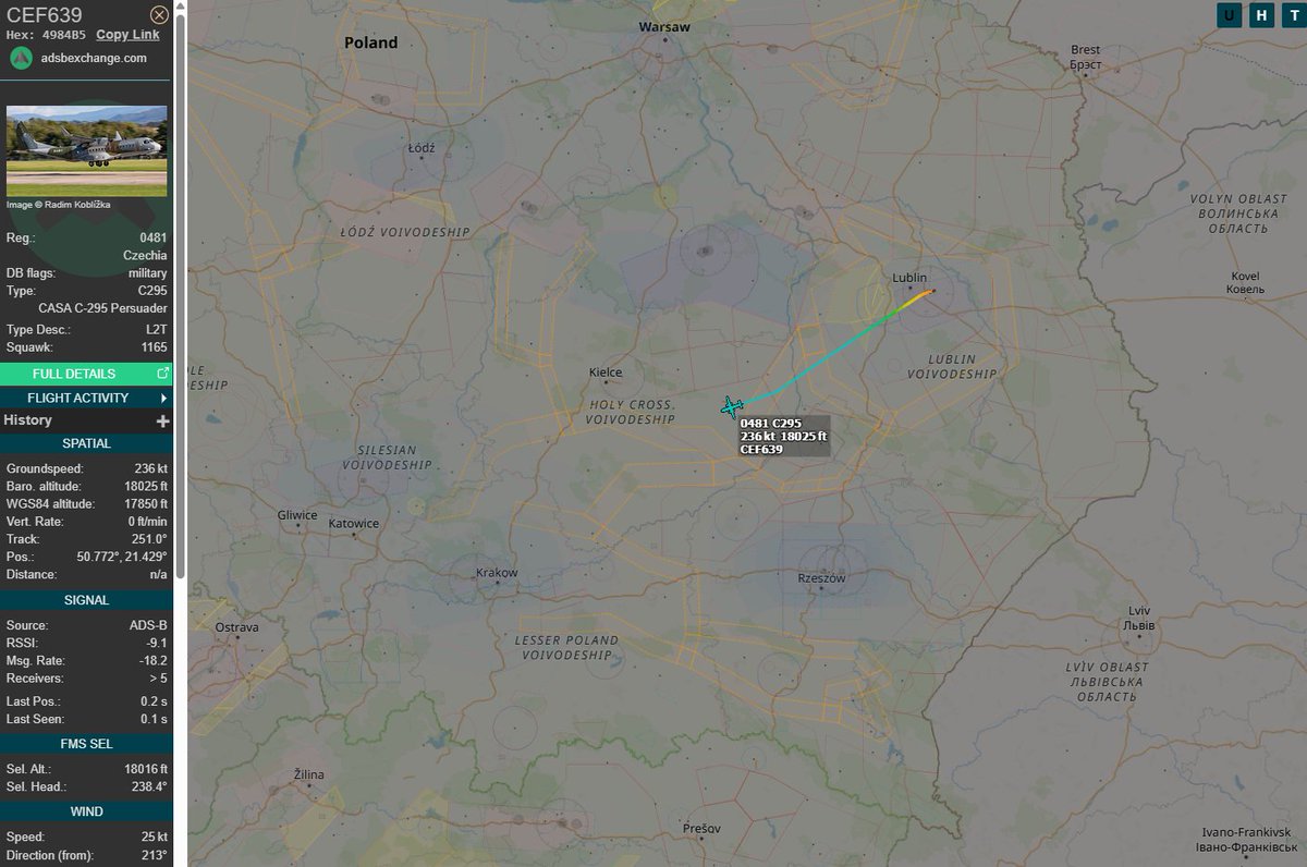 PolishMilRadar's tweet photo. 📅 30.03 🕘 11:03LT - 🇨🇿✈️ Czeski C-295M odleciał z Lublina 🇵🇱

Z lotniska w Lublinie #EPLB 🇵🇱 odleciał ✈️ #CEF639 Airbus C-295MW "0481" Czeskich Sił Powietrznych 🇨🇿. Samolot najpewniej kieruje się do jednej z baz lotniczych w Czechach 🇨🇿.
🔗 https://t.co/BlJYLOWMOf

#POLMILRADAR https://t.co/YRNug2nKcp