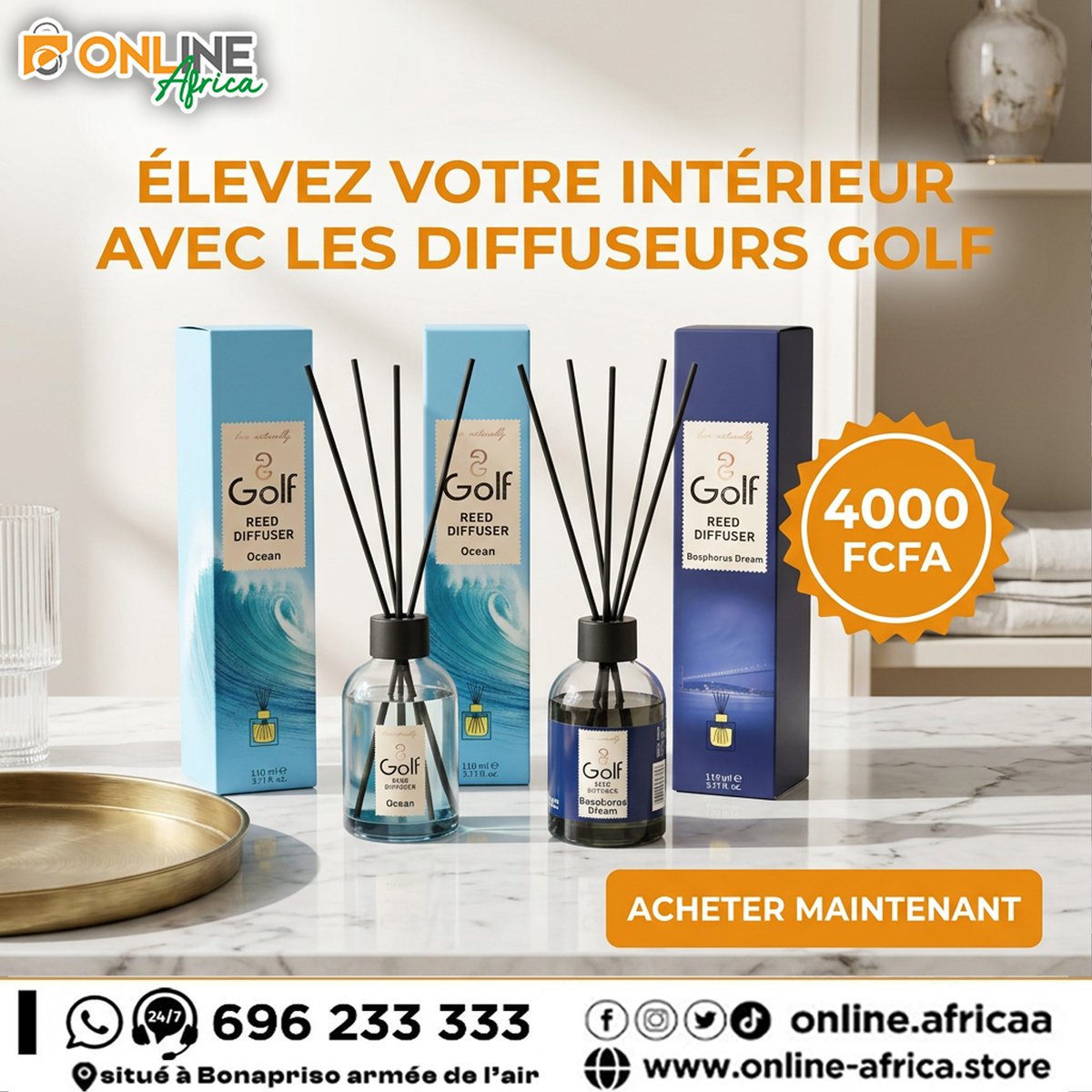 ✨ Transformez votre intérieur avec les diffuseurs Golf à seulement 4000 FCFA ! 🌸🌊

Un parfum élégant qui crée une ambiance agréable et saine. 🍃

#BienÊtre #AmbianceMaison #ParfumDeMaison #Qualité #DécorationIntérieure
