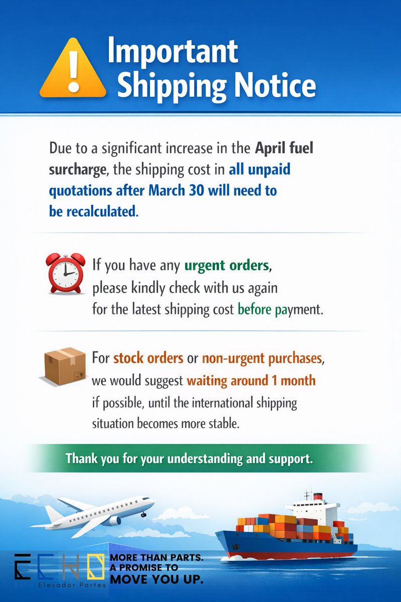 EchoPartes's tweet photo. Important Shipping Notice⚠️
If you have any urgent orders, please contact us as soon as possible to reconfirm the latest freight cost.
We sincerely apologize for any inconvenience caused and greatly appreciate your understanding. https://t.co/SQgXGly3NU