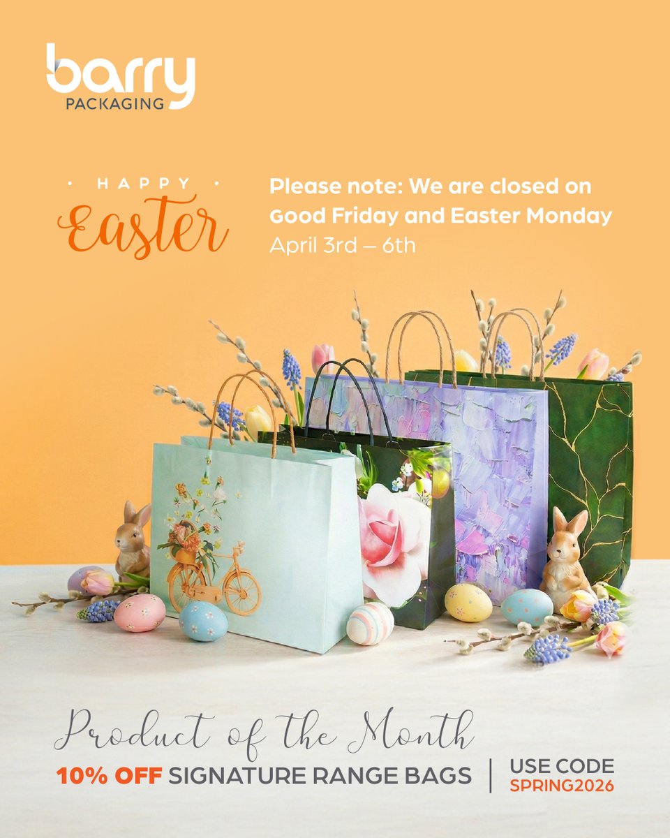 Easter Offer: 10% Off our stunning signature range, use the code 'SPRING2026'. These colourful and vibrant bags are perfect for the spring season to bring life to your packaging. 
Be sure to order now, we will be closed Good Friday and Easter Monday (April 3rd to 6th)
