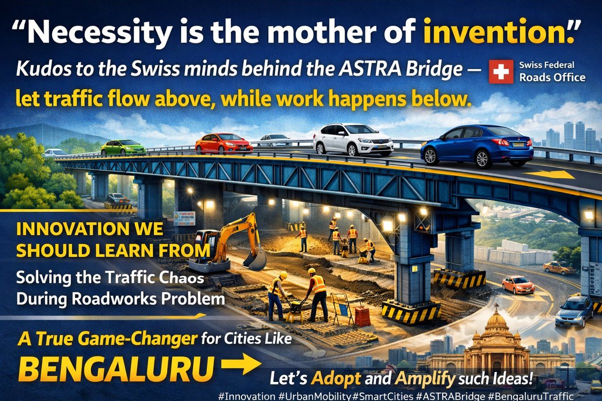 “Necessity is the mother of invention.”
Brilliant innovation by the  — the ASTRA Bridge lets traffic flow above while roadwork happens below.
A simple idea. A massive impact.

#Innovation #UrbanMobility #ASTRABridge #BengaluruTraffic
astra.admin.ch/astra/en/home/…