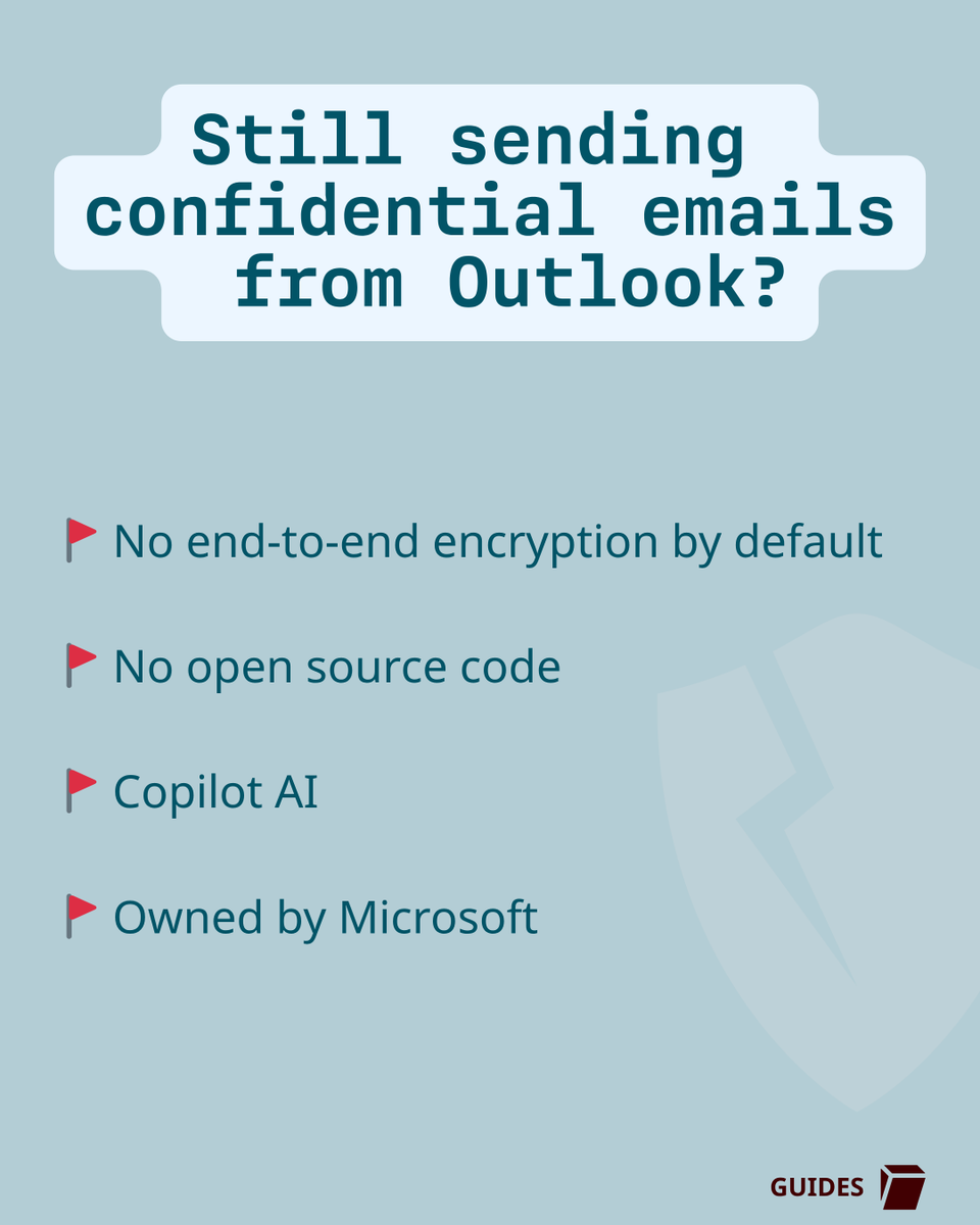 TutaPrivacy's tweet image. ☝️Note: Emails are only truly confidential when sent with end-to-end encryption.

Setting up E2E encryption in #MicrosoftOutlook is possible, but it's a BIG hassle &amp;amp; it's only for paid plans. 🚩

Luckily,  there are providers like Tuta Mail that end-to-end encrypt the whole