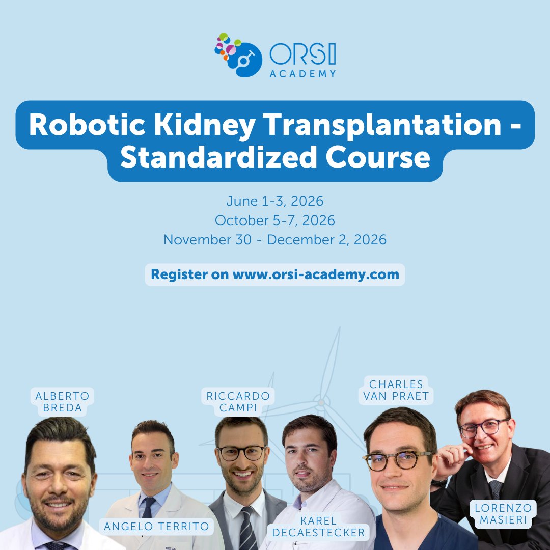 Ric_Campi's tweet photo. 🔔Robotic #LivingDonor Nephrectomy & #Kidneytransplantation Courses @orsiacademy 2026

Robotic Kidney #Transplantation - #Standardized Course:
🗓️ June 1-3, 2026 | October 5-7, 2026 | November 30-December 2, 2026
🔍More info & registration: https://t.co/YagPlyinjV

Robotic Kidney #Transplantation - #Advanced Course:
🗓️ June 29-July 1, 2026
🔍More info & registration: https://t.co/gfqwp6ddES

Lap & Robotic Living Donor #Nephrectomy Course:
🗓️ April 13-14, 2026
🔍More info & registration: https://t.co/GJy5eXfwZN

@AlbertoBreda1 @AngeloTerrito @LoreMasieri @KarelDecaestec1 @CharlesPraet 
@FPuigvert @AOUCareggi @ERUSrobotics 

https://t.co/03HLhznOgO