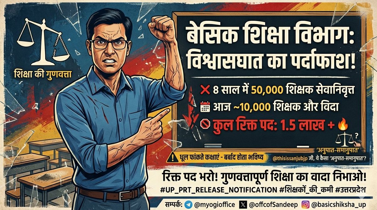 shivamkumar1155's tweet photo. 8 सा�� में 50K शिक्षक रिटायर, आज भी 10,000 की विदाई!
हैरानी है कि इतने पद खाली (1.5+) लाख रिक्त)होने के बाद भी @thisissanjubjp जी का 'अनुपात-समानुपात' हमेशा बराबर रहता है!💯
क्या बिना शिक्षकों के "गुणवत्तापूर्ण शिक्षा" संभव है?
@myogioffice @offcofSandeep @basicshiksha_up
#UP_PRT https://t.co/PzZKtYkKuJ