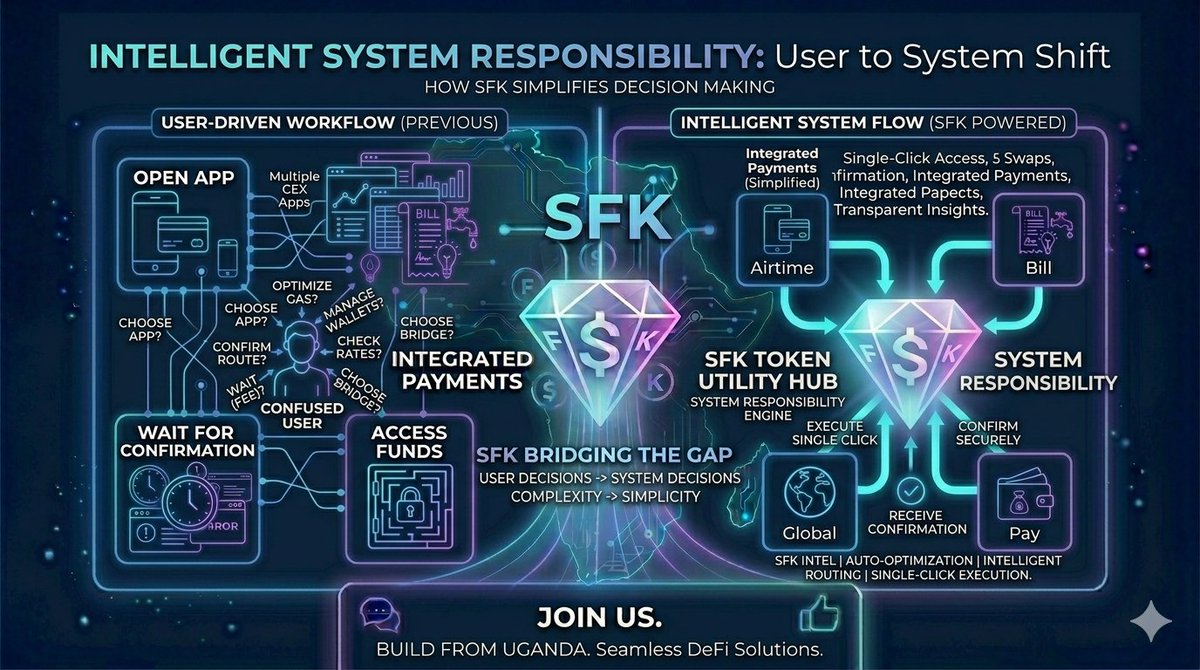 SFKtoken's tweet photo. the problem isn’t that DeFi is too advanced

it’s that the user carries too much responsibility

you decide:
when to transact
how to route
what fees are acceptable
and if you get it wrong… you pay for it
SFK shifts that weight
AI handles the decisions in the background
You just completed the action

That’s a very different experience

#SFKToken #DeFiSimplified #AIinDeFi #Web3Africa #BNBChain #CryptoAdoption