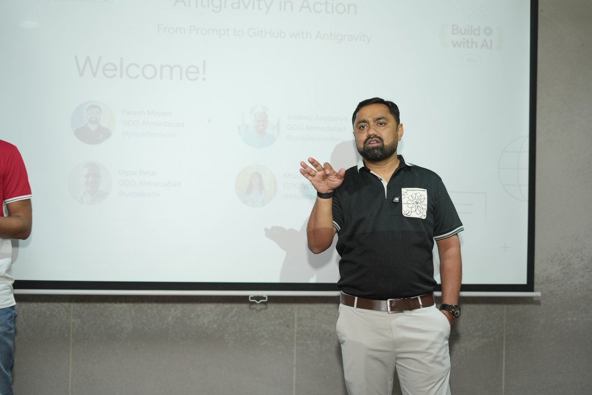 GDGAhmedabad's tweet photo. Antigravity in Action: From Prompt to GitHub”

 A full house- audience ready to explore how AI is transforming workflows—from design to deployment.
Kudos to our organizing team for ensuring a seamless start and setting the stage for an insightful session ahead.

#GDGAhmedabad https://t.co/koSHLDEjVL