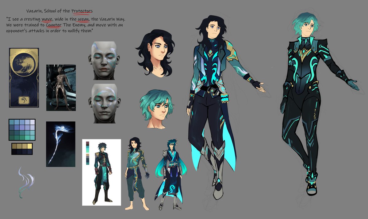 Concept of Vazarin outfits for drifter/operator along with hair. I love the idea of unlocking face paint and think it would be cool if we'd also get other cosmetics too from making each focus school. I will add 2 more concepts soon.

#warframe #warframefanart #tennocreate