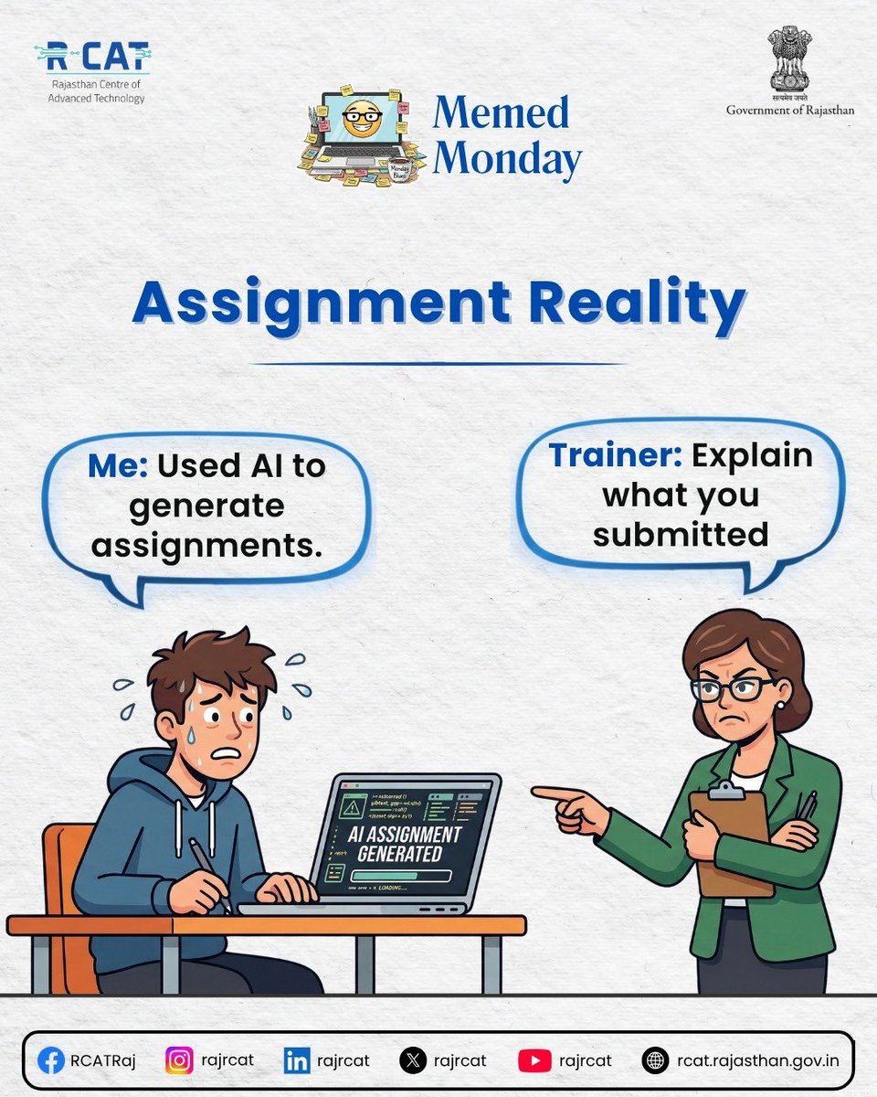 rajrcat's tweet photo. Using AI to generate assignments is easy…
But explaining it in front of the trainer? That’s the real test! 😅

AI can help you learn faster—but true understanding comes when you can explain it yourself.

#MemedMonday #AIHumor #StudentLife #TechMeme #LearningWithAI https://t.co/5Q9fmNaJpN