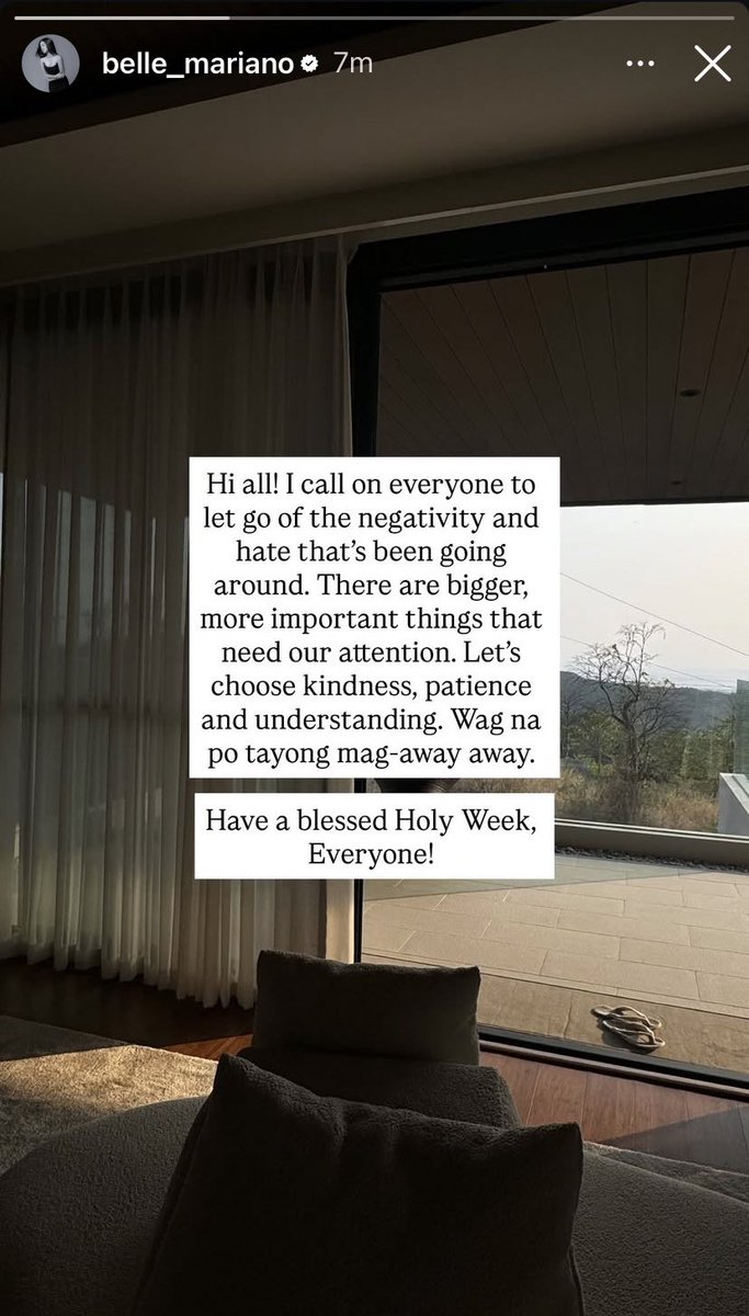 BelleloversOFC's tweet photo. •033026• @bellemariano02 Instagram Story update!

“Hi all! I call on everyone to let go of the negativity and hate that's been going around. There are bigger, more important things that need our attention. Let's choose kindness, patience and understanding. Wag na po tayong mag-away away.

Have a blessed Holy Week, Everyone!”

#BelleMariano